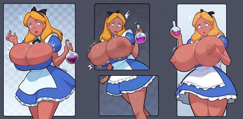 1girls absurd_res absurdres ai_assisted ai_generated alice_(disney) alice_liddell apron arm_under_breasts big_breasts big_nipples black_bow blonde_hair blue_dress blue_eyes breast_expansion breast_grab breasts breasts_out bursting_breasts cleavage closed_eyes comic comic_page dress drinking female female_focus female_only film_grain hair_ribbon hairbow headwear hi_res high_resolution highres holding_breast holding_object huge_breasts hyper_breasts large_areolae large_breasts legs lips lipstick medium_breasts medium_hair motion_lines nipples numbleg potion potion_bottle puffy_nipples puffy_sleeves raised_eyebrows shiny_hair shiny_skin solo solo_female surprised thick_thighs thighs tight_clothing white_apron