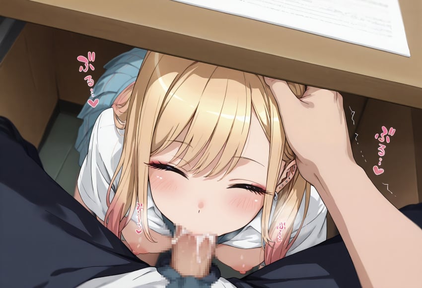 blowjob closed_eyes hand_on_head happy_sex kitagawa_marin mosaic_censoring under_the_table