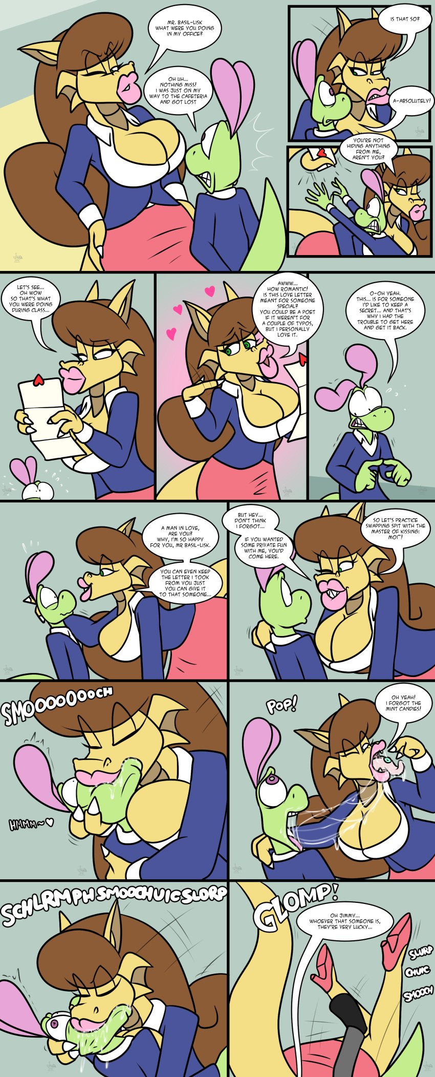1boy 1girls 2d 2d_(artwork) 2d_artwork age_difference arms_around_partner big_breasts breast_squeeze breasts brown_hair candy comic curvy curvy_female curvy_figure dialogue digital_drawing_(artwork) digital_media_(artwork) dragon dragon_girl dragon_tail duo duo_focus female french_kiss french_kissing green_body green_eyes green_skin hand_on_hip high_heels jamearts jimmy’s_sloppy_life jimmy_(jamearts) kissing letter lizard lizard_tail lizardman long_hair male male/female mwah nervous nervous_expression non-human panels pink_eyes pink_lips pinned_down pinned_to_floor rebecca_(jamearts) saliva saliva_drip saliva_trail scalie scalie_female scalie_male scared scared_expression scared_male serious serious_face serious_look size_difference smooch student student_and_teacher teacher teacher_and_student teacher_outfit tongue tongue_out yellow_body yellow_skin