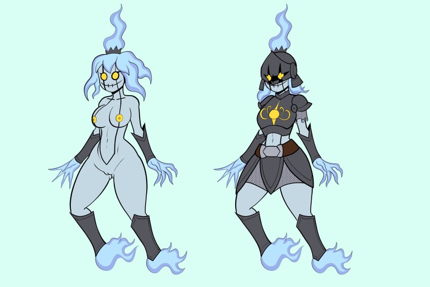 anthro armor blue_body breasts chandelure female fire flaming_hair fours_(artist) fourssss generation_5_pokemon ghost hi_res nintendo nipples nude pokemon pokemon_(species) pseudo_hair reference_image solo spirit yellow_eyes