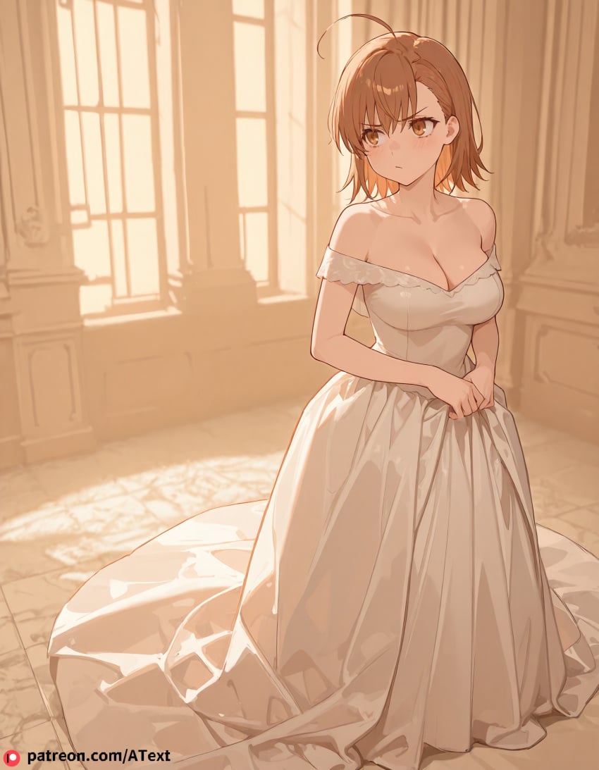 1boy ai_generated large_breasts last_order_(toaru_majutsu_no_index) model_sheet piledriver tsundere wedding_dress white_dress