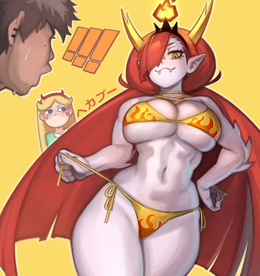 1boy 2girls :3 big_breasts bikini blonde_hair blue_eyes blush breasts demon_girl disney disney_channel disney_xd envy fangs female hekapoo horns japanese_text kelvin_hiu large_breasts latino long_hair marco_diaz orange_hair pointy_ears standing star_butterfly star_vs_the_forces_of_evil thick_thighs thighs underboob very_long_hair white_skin wide_hips yellow_sclera