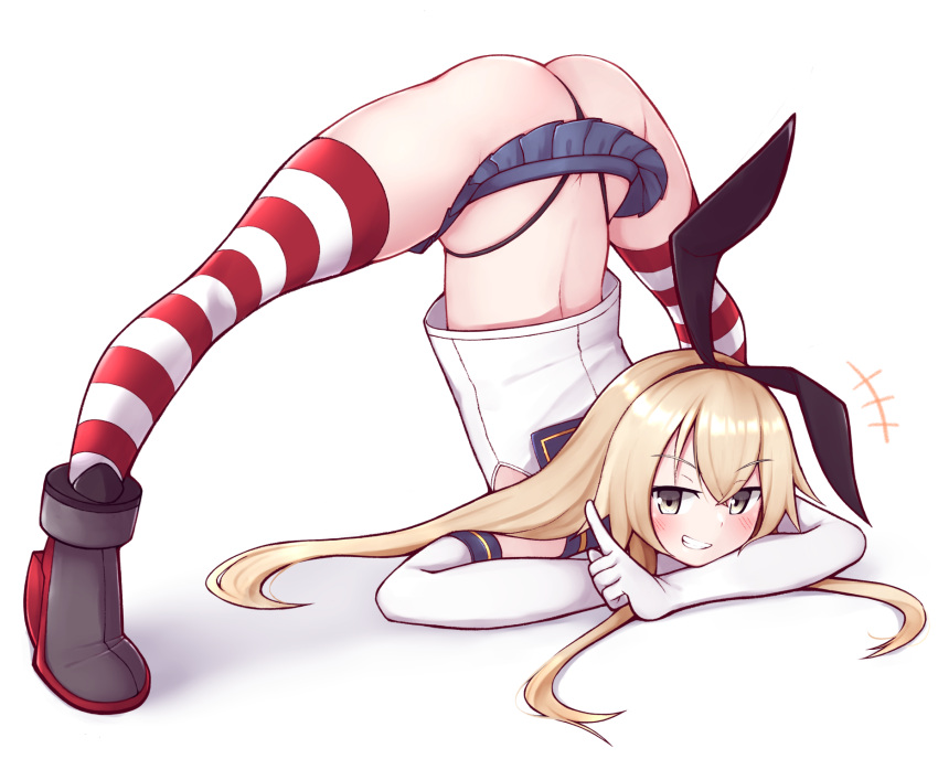 ass ass_cleavage black_panties blonde_hair blue_skirt blush butt_crack crop_top elbow_gloves eyebrows_visible_through_hair female gloves grin hair hair_between_eyes highleg highleg_panties highres jack-o_pose kantai_collection long_hair miniskirt panties pleated_skirt rudder_footwear school_uniform serafuku shimakaze_(kantai_collection) simple_background skirt sleeveless smile solo striped striped_legwear thighhighs tiemu_(man190) top-down_bottom-up underwear white_background white_gloves yellow_eyes