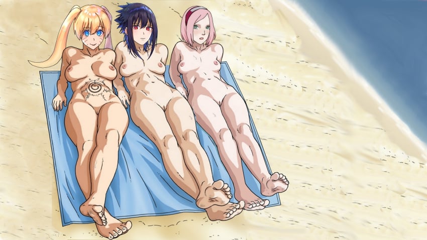 3girls abs areolae barefoot beach beach_towel black_hair blonde_hair blue_eyes blush bob_cut body_markings boruto:_naruto_next_generations breast_size_difference breasts completely_nude dirty_feet dirty_soles edit erect_nipples feet feet_together feet_up female female_focus female_only foot_fetish foot_focus gender_transformation genderswap_(mtf) green_eyes hairband headband large_areolae legs legs_together light-skinned_female light_skin long_hair looking_at_viewer madoc medium_breasts medium_hair multiple_girls naked naruko naruto naruto:_the_last naruto_(series) naruto_shippuden nipples nude nude_female ocean open_mouth outdoors outside pale-skinned_female pale_skin perky_breasts pink_hair pink_nipples pinup pussy red_eyes rule_63 sakura_haruno sand sasuke_uchiha sasuko sexy_no_jutsu sharingan shoulder_length_hair shounen_jump sitting small_breasts smile smiling soles sunbathing sweat sweatdrop sweater teenager thighs tied_hair toes twintails uzumaki_naruto vagina voluptuous whisker_markings whiskers yellow_hair