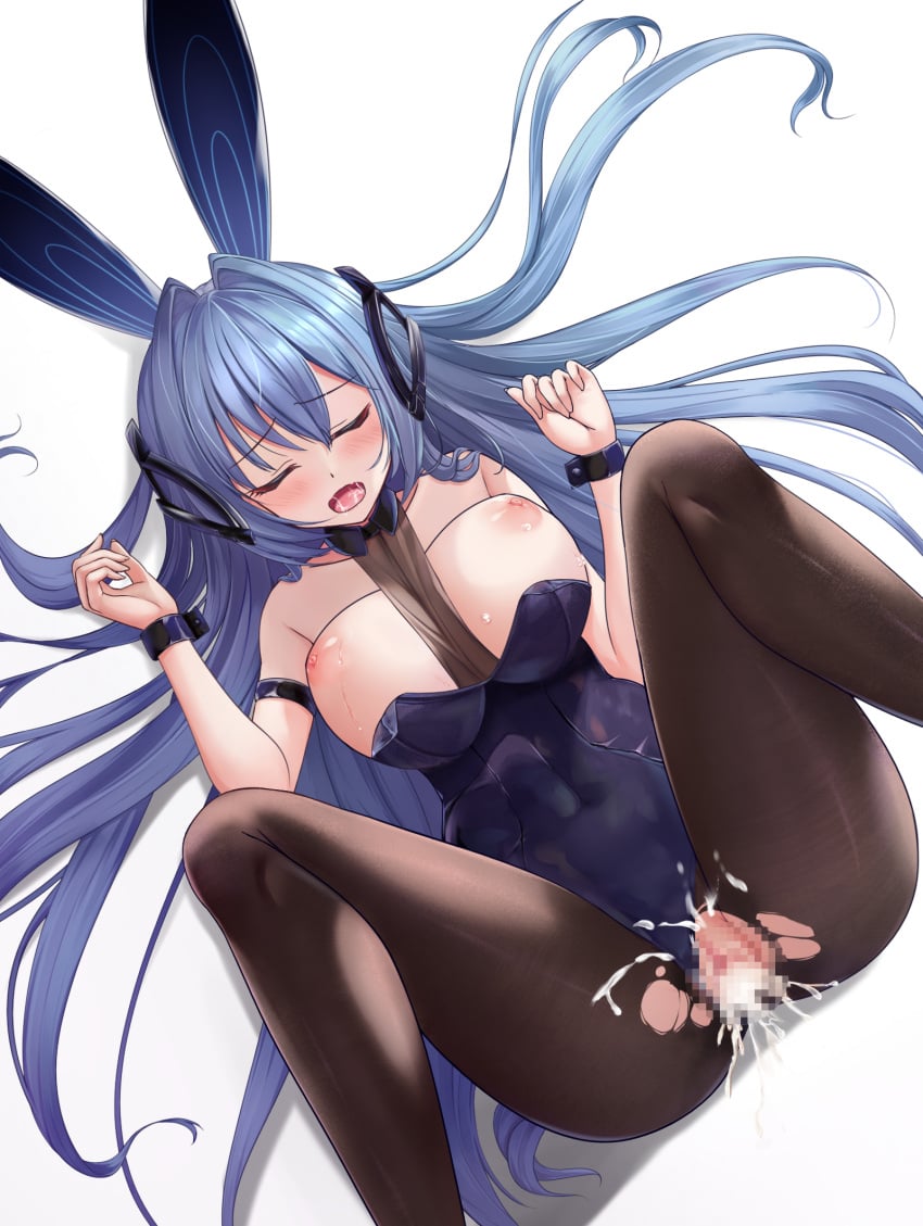 1boy ? animal_ears arm_strap ass azur_lane bare_shoulders black_legwear blue_eyes blue_hair bodystocking breasts censored cleavage closed_eyes clothing_aside eyebrows_visible_through_hair fake_animal_ears female from_above headgear highres large_breasts leotard leotard_aside long_hair lying m_legs mosaic_censoring nail_polish new_jersey_(azur_lane) new_jersey_(exhilarating_steps!)_(azur_lane) official_alternate_costume on_back open_mouth playboy_bunny purple_leotard rabbit_ears saliva saliva_trail see-through shenqi_(toid310) skin_tight solo_focus straight strapless strapless_leotard taut_clothes tongue torn_bodystocking torn_clothes very_long_hair white_background white_nails wrist_cuffs wrist_grab