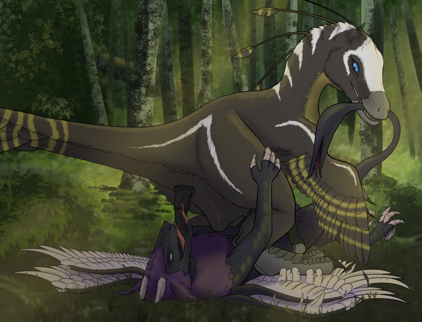 absurd_res anthro anthro_on_feral anthro_penetrated dinosaur draekon_sylviar dromaeosaurid duo face_fucking feathered_dinosaur feathered_wings feathers female feral feral_penetrating feral_penetrating_anthro forest from_behind_position fur hi_res larger_male long_tongue male male/female melanth_(artist) mounting oral oral_penetration penetration pinned plant questionable_consent reptile scales scalie sex size_difference size_play smaller_female straddling tail_feathers theropod thrymja tongue tongue_out tonguejob tree unknown_species utahraptor wings zoophilia