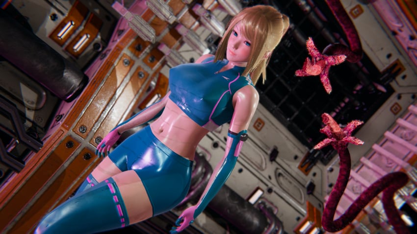 3d aizu649 alien alternate_costume blonde_hair crop_top gloves honey_select imminent_rape latex looking_over_shoulder metroid monster nintendo ponytail samus_aran short_shorts shorts slime spacecraft spandex spandex_shorts sports_bra sportswear suspicious tentacle thighhighs