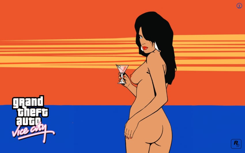 1girls ass black_hair breasts grand_theft_auto grand_theft_auto:_vice_city gtauto-x hand_on_ass long_hair looking_at_viewer nude simple_background vice_city_cover_girl