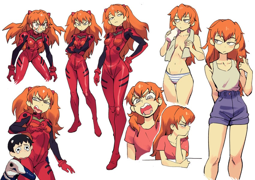 1girls asuka_langley_sohryu blush breasts clothing colo female female_focus light-skinned_female light_skin neon_genesis_evangelion pale_skin panties plugsuit shinji_ikari shorts small_breasts solo_focus towel