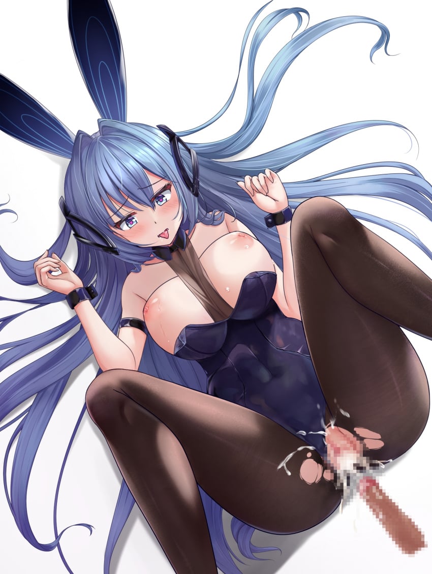 1boy ? animal_ears arm_strap ass azur_lane bare_shoulders black_legwear blue_eyes blue_hair bodystocking breasts breasts_out censored cleavage clothing_aside cum cum_in_pussy cum_on_clothes eyebrows_visible_through_hair fake_animal_ears female from_above headgear heart heart-shaped_pupils highres large_breasts leotard leotard_aside long_hair lying m_legs mosaic_censoring nail_polish new_jersey_(azur_lane) new_jersey_(exhilarating_steps!)_(azur_lane) nipples official_alternate_costume on_back penis playboy_bunny purple_leotard rabbit_ears see-through shenqi_(toid310) skin_tight solo_focus straight strapless strapless_leotard symbol-shaped_pupils taut_clothes tongue tongue_out torn_bodystocking torn_clothes very_long_hair white_background white_nails wrist_cuffs wrist_grab