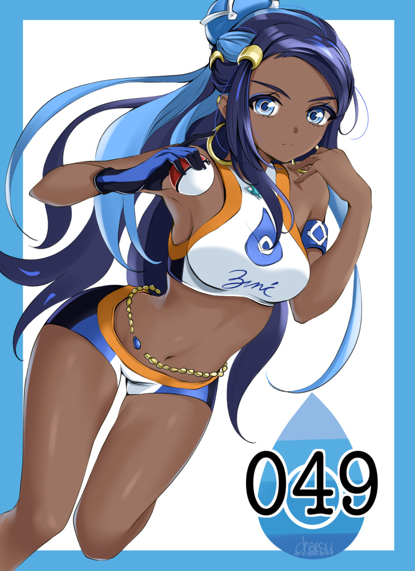 1girls armpits ass athletic athletic_female bare_arms bare_legs bare_midriff bare_shoulders bare_thighs belly_button black_hair blue_eyes blue_hair breasts chaesu crop_top dark-skinned_female dark_skin earrings female female_focus female_only full_body game_freak glove gloves hand_on_shoulder hoop_earrings jewelry large_breasts long_hair long_legs looking_at_viewer midriff multicolored_hair navel navel_line nessa_(pokemon) nintendo pokeball pokemon pokemon_(game) pokemon_ss short_shorts shorts simple_background solo solo_female solo_focus swimsuit swimwear toned toned_female water_drop