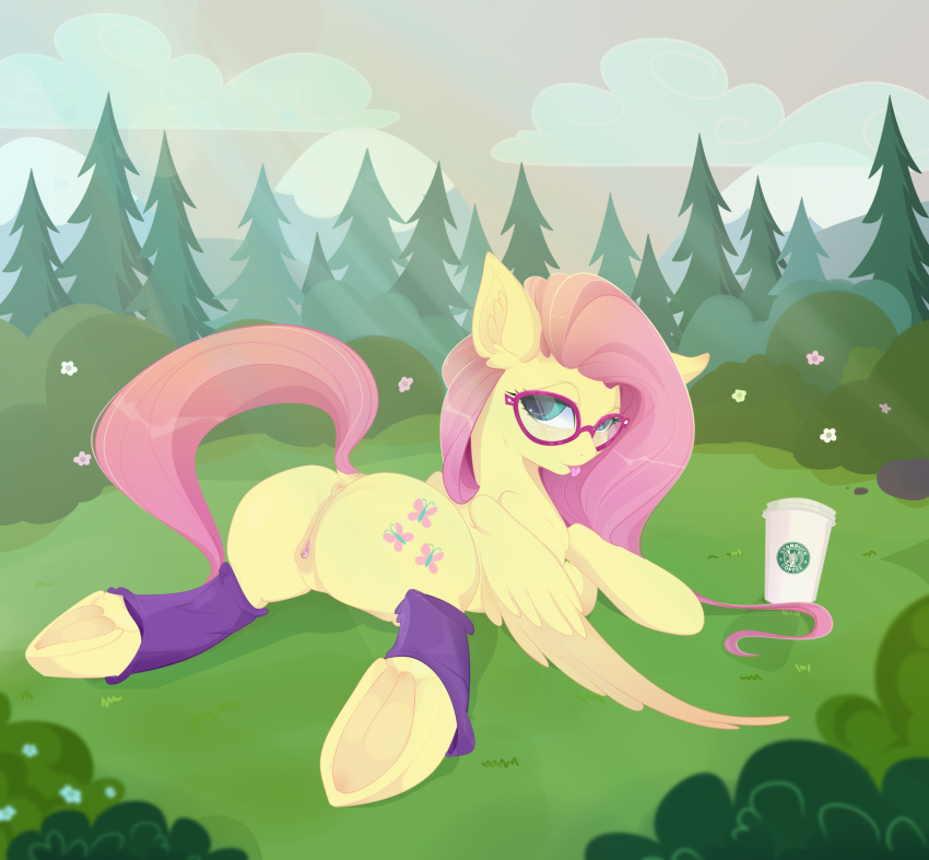 absurd_res anus ass beverage blue_eyes cup cutie_mark equid equine eyewear feathers female feral flower fluttershy_(mlp) friendship_is_magic genitals glasses grass hair hasbro hi_res hooves inner_ear_fluff looking_at_viewer looking_back mammal my_little_pony outside pegasus pink_hair plant pussy rear_view solo sploot spread_legs spreading starbucks tongue tongue_out tree tuft wings xsatanielx