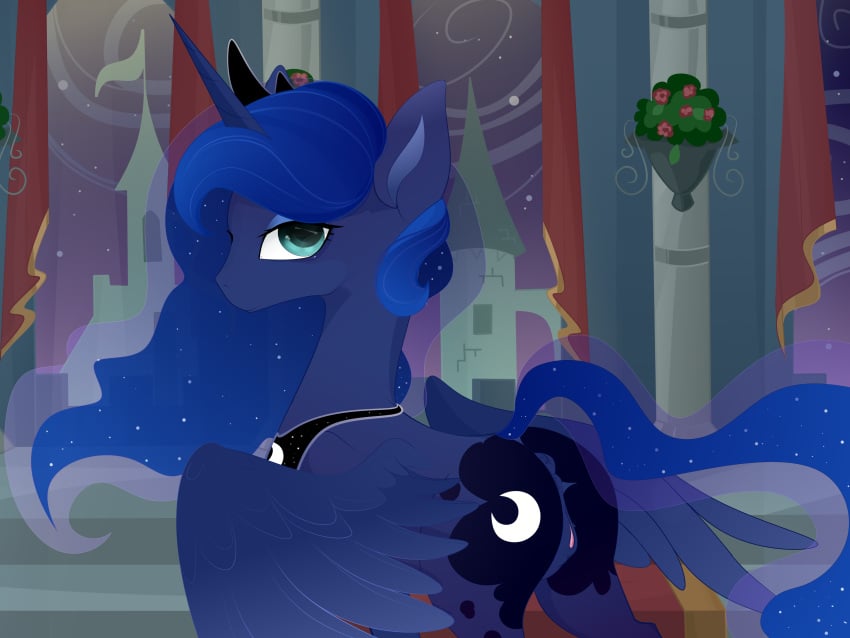 4:3 absurd_res alicorn anus ass blue_body blue_eyes blue_hair cutie_mark duo equid equine feathers female feral friendship_is_magic genitals hair hasbro hi_res horn horse mammal my_little_pony pony princess_luna_(mlp) pussy rear_view standing wings xsatanielx