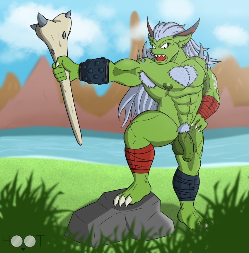 1boy abs absurd_res anthro armpit_hair artist_logo artist_name balls ballsack bandai_namco big_balls big_penis blush body_hair chest_hair dg254 digimon digimon_(species) flaccid_penis foreskin foreskin_folds genitals green_body green_skin grey_hair hi_res hoot_(owl_logo) humanoid humanoid_penis intact long_hair_male male male_nipples male_only male_pubic_hair muscles muscular_male nude_male ogremon partially_retracted_foreskin pecs penis pose pubes scrotum solo surprise testicles uncut veiny_penis