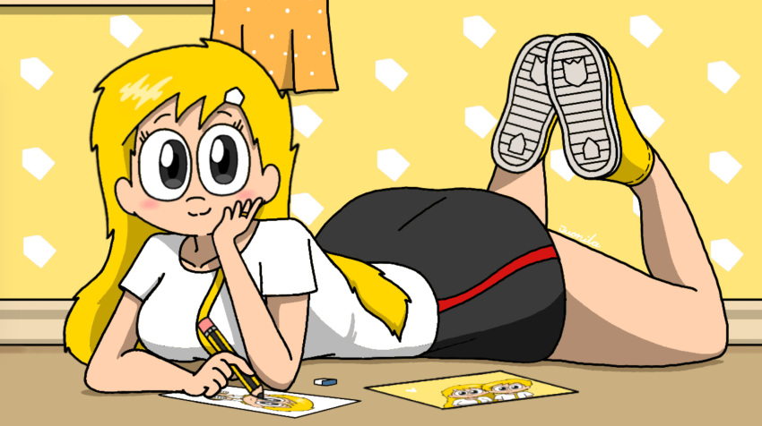 1girls alternate_version_available ass blush bra censored curtains curvy cute drawing female hairclip holding_pencil juanila_(writers_crusaders) laying_down laying_on_stomach legs_up long_hair pencil solo solo_female thick_thighs thighs wcjuan writers_crusaders yellow_hair