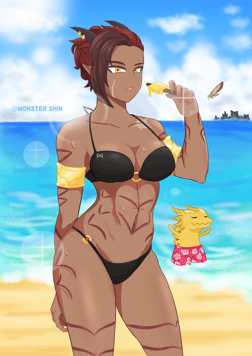 1girls beach bikini body_markings breasts cleavage female_focus godzilla_(series) humanized kaiju kaiju_girl kevin monster_shin monsterverse red_hair rodan swimsuit tagme yellow_eyes