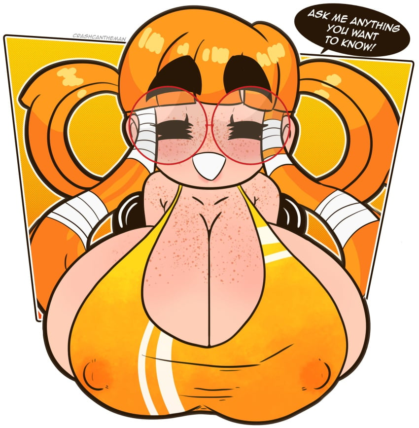 cleavage closed_eyes crashcantheman deep_skin female freckled_skin freckles freckles_on_chest glasses huge_breasts human human_only large_breasts massive_breasts orange_hair solo solo_female starr_(crashcantheman) tagme thick_eyebrows top_heavy voluptuous