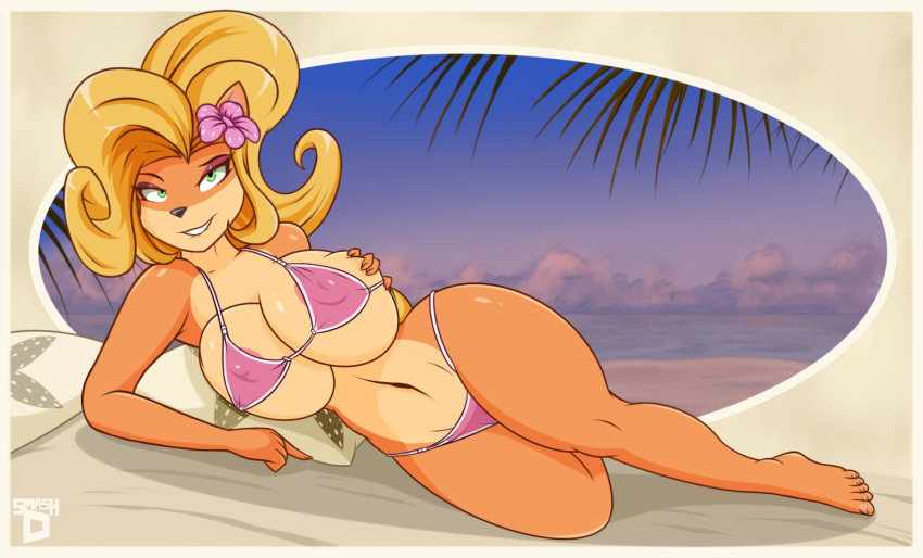 1girls anthro bikini bikini_bottom bikini_top breasts coco_bandicoot crash_(series) female large_breasts nipples smash-d solo thick_thighs wide_hips