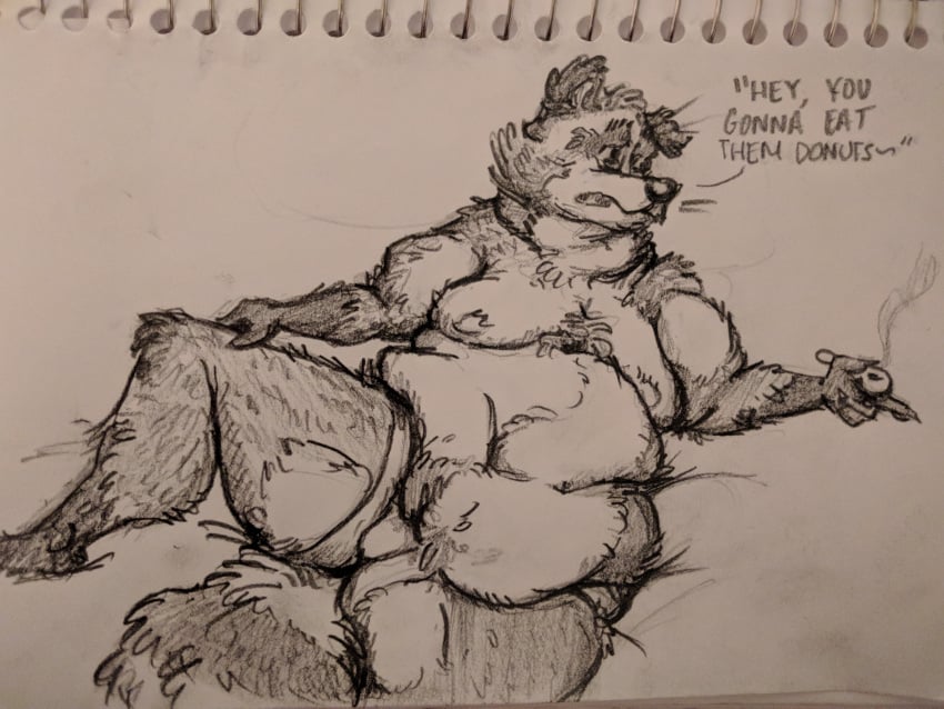 4:3 absurd_res anthro belly belly_overhang body_hair bulge chest_tuft clothing dewlap_(anatomy) double_chin english_text happy_trail hi_res lounging male mammal monochrome moobs overweight overweight_male procyonid raccoon slightly_chubby smoking_weed solo southernyote text tuft underwear