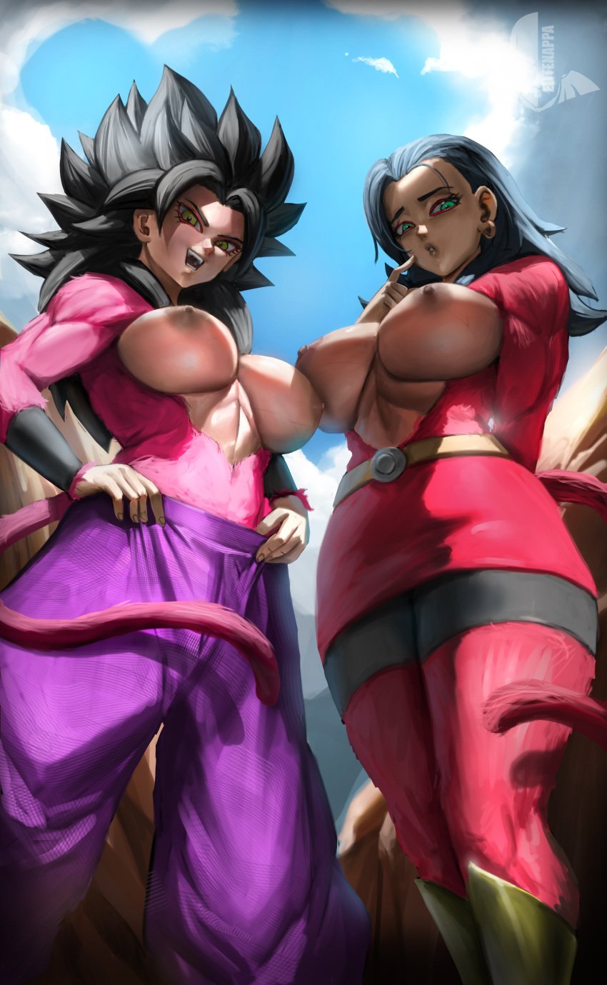 2girls big_breasts black_hair blush breasts busty caulifla dragon_ball dragon_ball_super ear_piercing earrings elitenappa embarrassed female female_saiyan green_eyes hands_on_hips huge_breasts kale large_breasts looking_at_viewer looking_down multiple_girls nipples outside pants piercing red_fur saiyan skirt super_saiyan_4 sweat tail thick_thighs topless wide_hips yellow_eyes