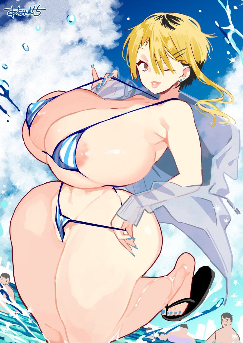 1girls achumuchi areola_slip areolae ass bare_shoulders beach big_ass big_breasts big_butt bikini blonde_hair blue_nails blush blushing breasts cloud colored curvy female female_focus flip_flops hairclip hourglass_figure huge_breasts lips lipstick looking_at_viewer male multicolored_hair original sandals short_hair thick_thighs water wide_hips winking winking_at_viewer