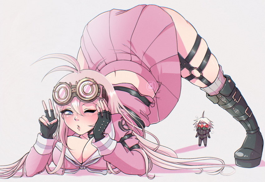 1boy 1boy1girl 1girls artist_request ass ass_focus ass_up blonde_hair blue_hair blush danganronpa danganronpa_v3 embarrassed face_down face_down_ass_up iruma_miu jack-o_pose jackochallenge kiibo oriumii straight_hair