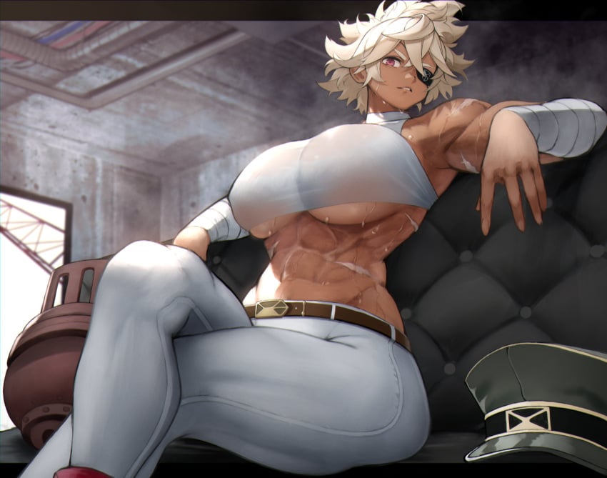 1girls abs absurd_res armpits athletic bandaged_arm barely_contained big_breasts blonde_hair breasts brown_skin bursting_breasts clothed_female crossed_legs dark-skinned_female dark_skin debonair_diamond detailed_background eye_patch eyepatch female female_focus female_only hat huge_breasts jeans large_breasts looking_down midriff muscular muscular_female navel pink_eyes red_eyes scars sexy_armpits short_hair shounen_jump sitting solo sweat sweaty sweaty_armpits tagme tan_skin the_hunters_guild:_red_hood thick_thighs tight_clothing toned toned_female underboob white_jeans yoshi55level