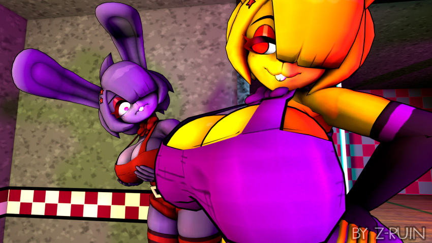 2girls 3d 3d_(artwork) animatronic big_breasts bonfie bonfie_(cryptia) bonnie_(cally3d) bonnie_(fnaf) cally3d clazzey cryptiacurves fazclaire's_nightclub female five_nights_at_freddy's fnaf fredina's_nightclub gold_body huge_breasts purple_skin red_eyes robot scottgames sfm source_filmmaker spring_bonnie spring_bonnie_(fnaf) springbonnie_(cally3d) yellow_skin z-ruin