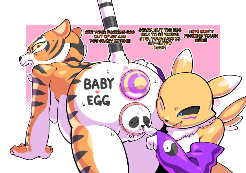 absurd_res anal anal_sex angry anus baby backpussy bandai_namco birth bodily_fluids boop breasts csmchltjdals cub digiegg digimon digimon_(species) dreamworks duo egg egg_in_ass egg_insertion felid female genitals hi_res kung_fu_panda mammal master_tigress nose_boop pantherine penetration pr-egg-nant pregnant pregnant_female pussy raised_tail renamon sweat text tiger young