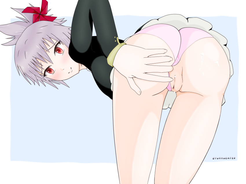 1girls ass ayakashi_triangle bending_over blush cum cum_in_pussy cum_inside cum_on_ass hair_ornament kazamaki_matsuri nervous nervous_smile ninja panties panties_aside pinwheel_hair_ornament pussy red_eyes school_uniform silver_hair smile thighs uncensored uniform upskirt white_background yorhaeater