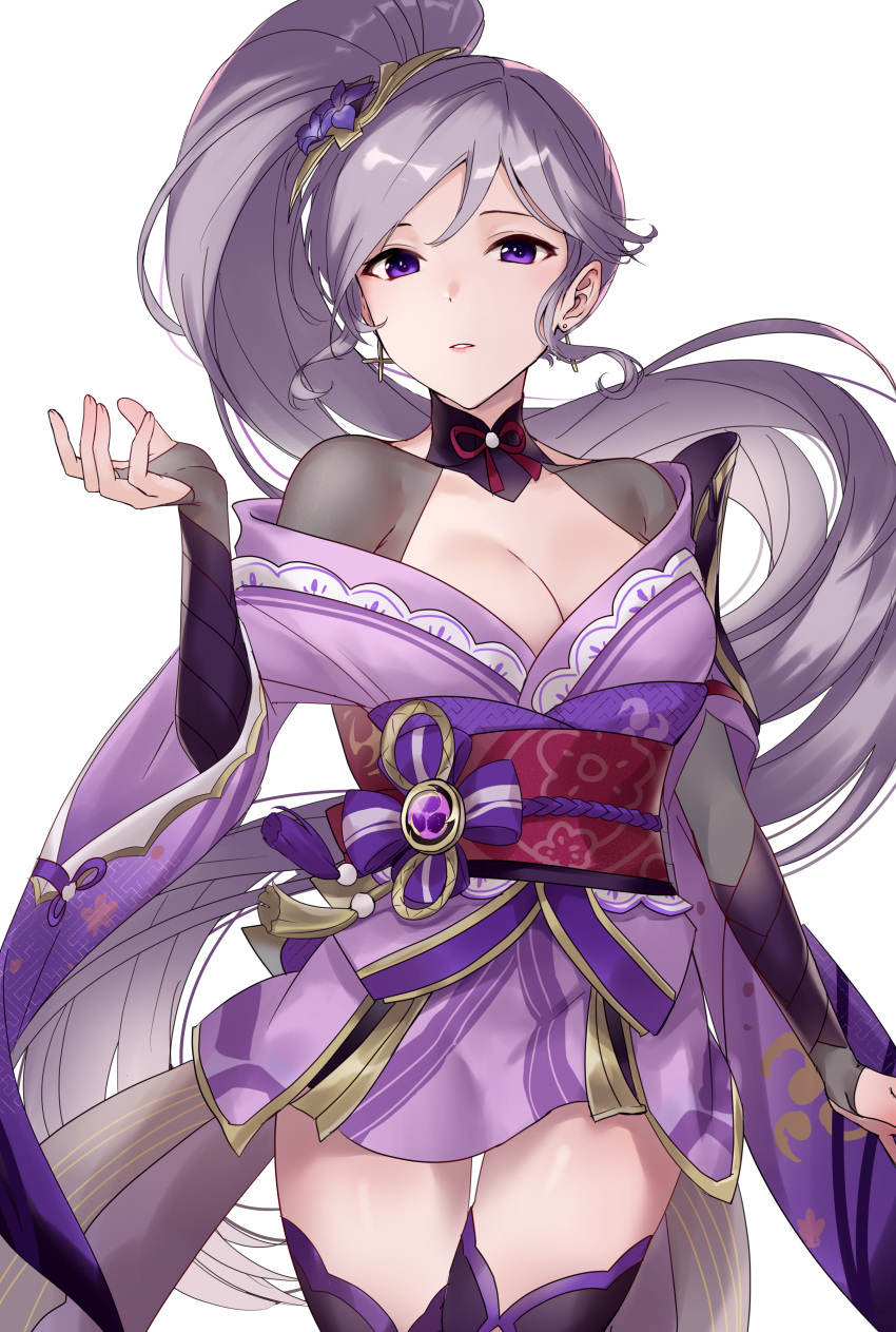 1girls absurdres alternate_costume artist_name breasts bridal_gauntlets cleavage commission cosplay female fire_emblem fire_emblem:_genealogy_of_the_holy_war fire_emblem_heroes flower genshin_impact hand_up haru_(nakajou-28) highres ishtar_(fire_emblem) japanese_clothes jewelry kimono long_hair nintendo ponytail purple_eyes purple_flower raiden_shogun ribbon sash solo thighs very_long_hair watermark