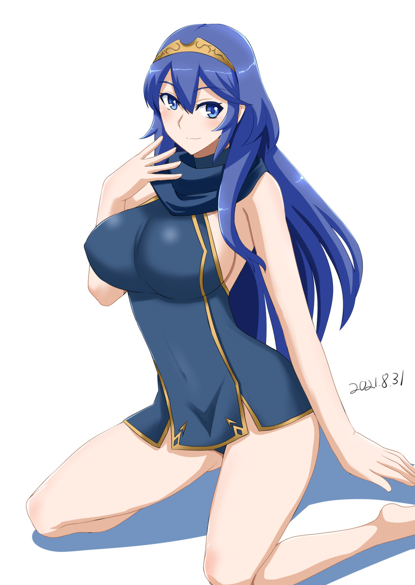 1girls bare_arms bare_legs blue_eyes blue_hair blue_panties covered_nipples dated fire_emblem fire_emblem_awakening hair_between_eyes kneeling large_breasts long_hair lucina_(fire_emblem) nintendo nipple_bulge panties pantyshot scarf sideboob smile solo tiara upskirt zerosu_(take_out)