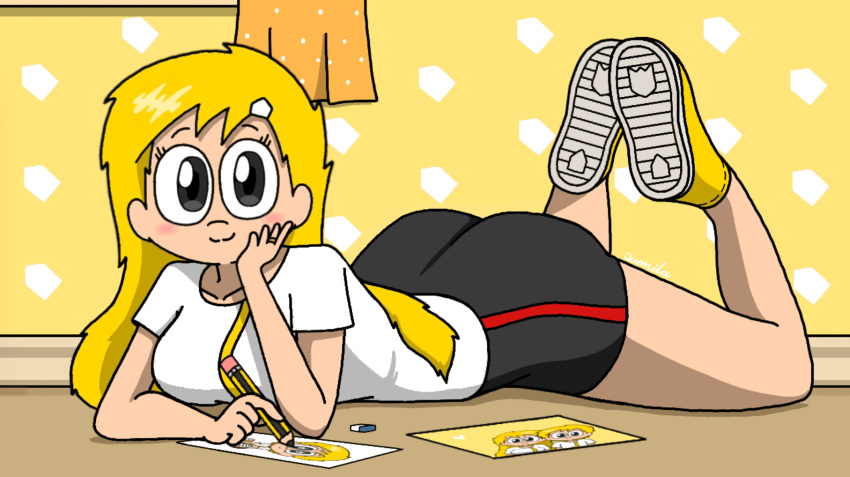 1girls alternate_version_available blush censored cute drawing juanila_(writers_crusaders) laying_down laying_on_stomach shorts solo solo_female tight_pants wcjuan writers_crusaders yellow_hair