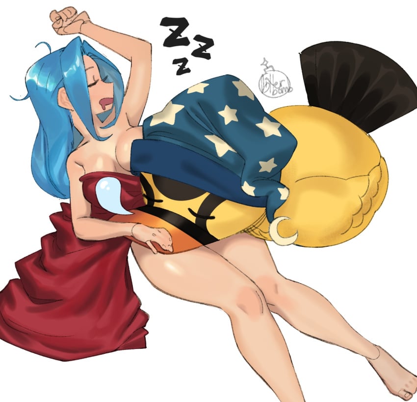 1boy 1girls bitterbomb blue_hair breasts cleavage closed_eyes convenient_censoring drooling duck female karoo large_breasts long_hair male nefertari_vivi nude on_back one_piece open_mouth plain_background sheet sleeping sleeping_on_lap sleeping_on_person snot_bubble sweet_dynamite text white_background