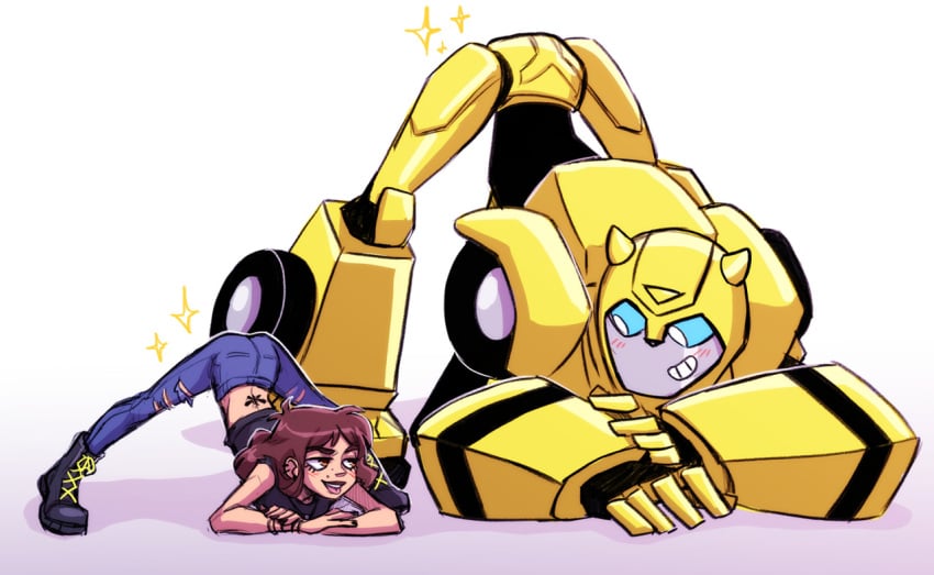 1girls alien ass_up bumblebee_(transformers) bumblebee_movie charlie_watson face_down_ass_up female full_body full_color fully_clothed jack-o_pose surprisingly_wholesome transformers transformers_animated white_background wholesome youkaiyume