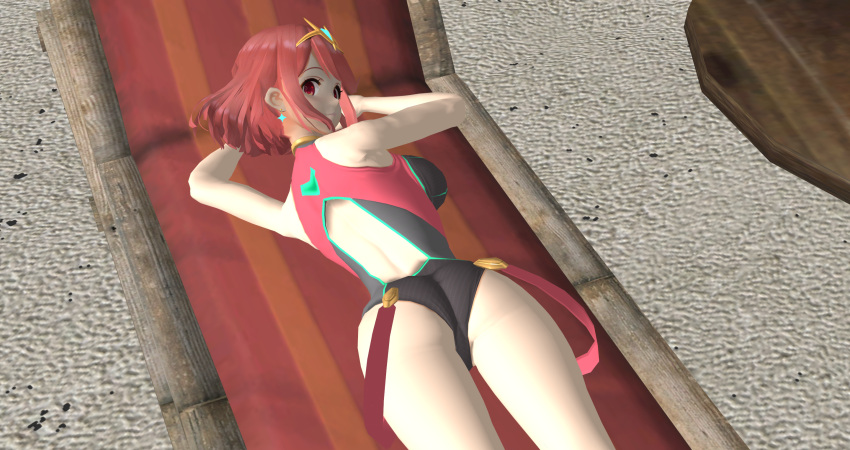 1girls 3d alpha983 alternate_costume arm_pillow arm_support armpits arms_up ass ass_cheeks ass_shot back back_view backboob bare_arms bare_legs beach beach_chair black_swimsuit breasts earrings female female_focus high_leg_swimsuit hips large_breasts looking_at_viewer looking_back looking_over_shoulder nintendo one-piece_swimsuit outdoors pyra red_eyes red_hair sand short_hair sideboob slim_waist sunlight suspenders suspenders_hanging swept_bangs swimsuit tiara xenoblade_(series) xenoblade_chronicles_2