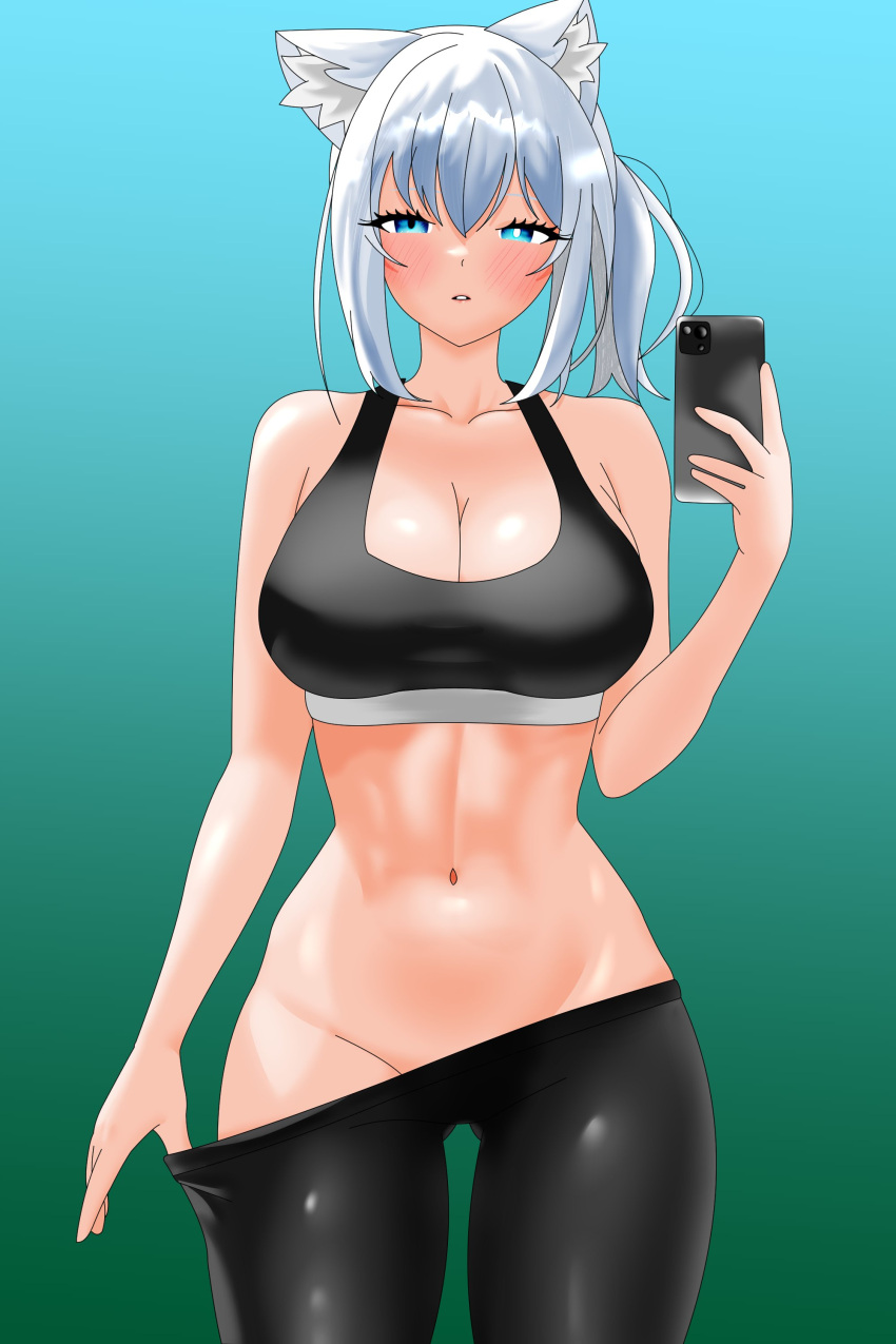 1girls athletic athletic_female blue_archive blush busty cleavage curvy female female_only fully_clothed gym_clothes pants ponytail pose pulling_down_pants revealing_clothes selfie sensual shiroko_(blue_archive) smartphone solo sports_bra tight_clothing tugging_clothing wide_hips wolf_ears wolf_girl yoga_pants yojimbra