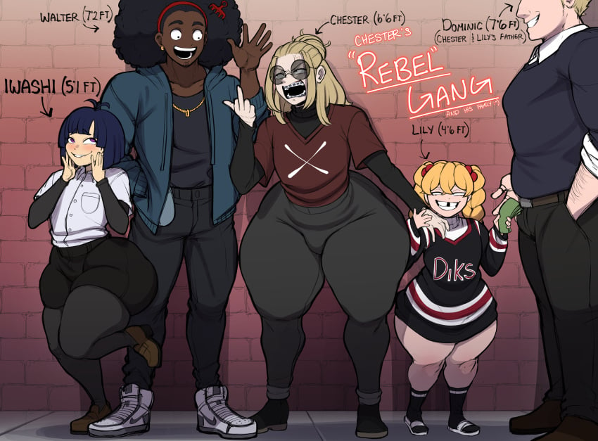 1girls 4boys afro ass big_ass black_hair blackwhiplash blonde_hair blue_hair bubble_butt bwl character_sheet chester_hall dark-skinned_male dark_skin dominic_hall female femboy glasses huge_ass iwashi_narumi lily_a._hall male original_character original_characters thick_thighs twintails voluptuous voluptuous_male walter_king wide_hips