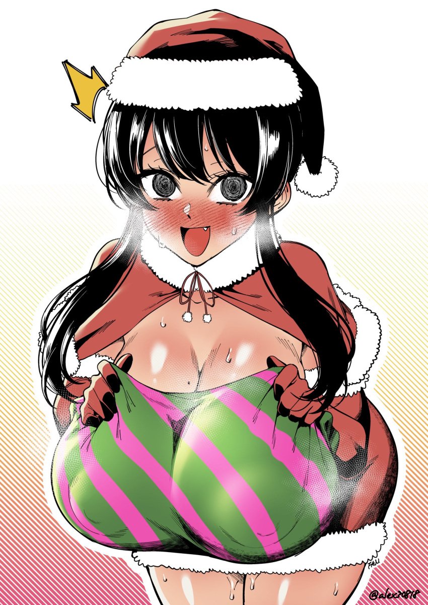 1girls alex30818 big_breasts black_hair blush blushing breasts busty christmas christmas_clothing christmas_headwear christmas_outfit cleavage curvaceous curvy curvy_body curvy_female curvy_figure cute_fang fan_(f.w.zholic) female huge_breasts large_breasts original original_character santa_hat voluptuous