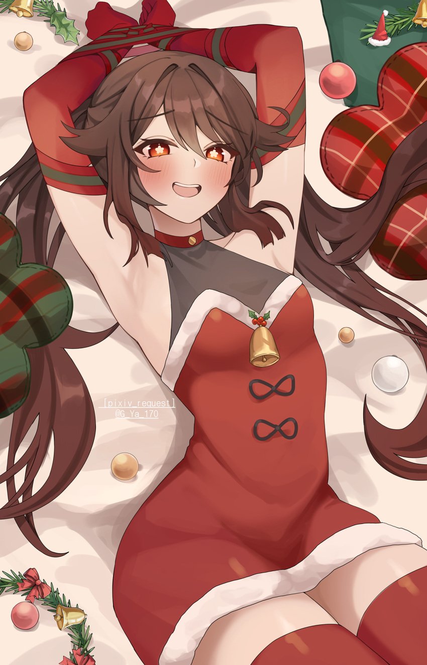 arched_back armpits bare_shoulders blush bondage brown_hair christmas christmas_clothing christmas_outfit flower_eyes genshin_impact gya_(144) hoyoverse hu_tao_(genshin_impact) imminent_cumshot mihoyo perfect_body petite petite_body petite_female red_eyes sexy_armpits showing_armpits slim slim_body slime_girl smiling_at_viewer solo_female