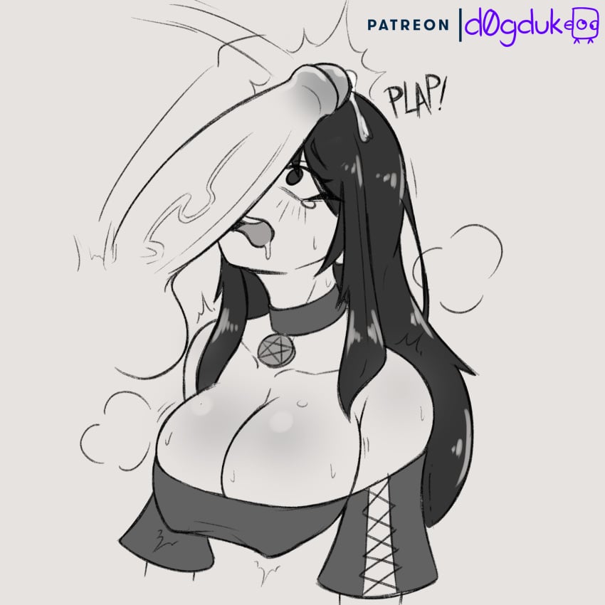 aroused big_breasts big_penis breasts choker cleavage cock_shock cock_slap commission commissioner_upload d0gduk drooling long_hair monochrome original original_character penis penis_awe penis_on_face precum shocked sketch uncensored wide_eyed