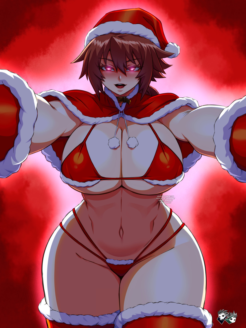 1girls alternate_lighting alternate_version_available big_breasts bikini bikini_bottom bikini_top blush bottomwear breasts brown_eyes brown_hair christmas christmas_clothing christmas_outfit cleavage female female_only glowing_eyes hair hat headwear heart-shaped_pupils hips huge_breasts jadenkaiba legwear looking_at_viewer original_character red_bikini santa_hat school_fight shadow solo solo_female swimwear thighs topwear wide_hips yui_rakkuza