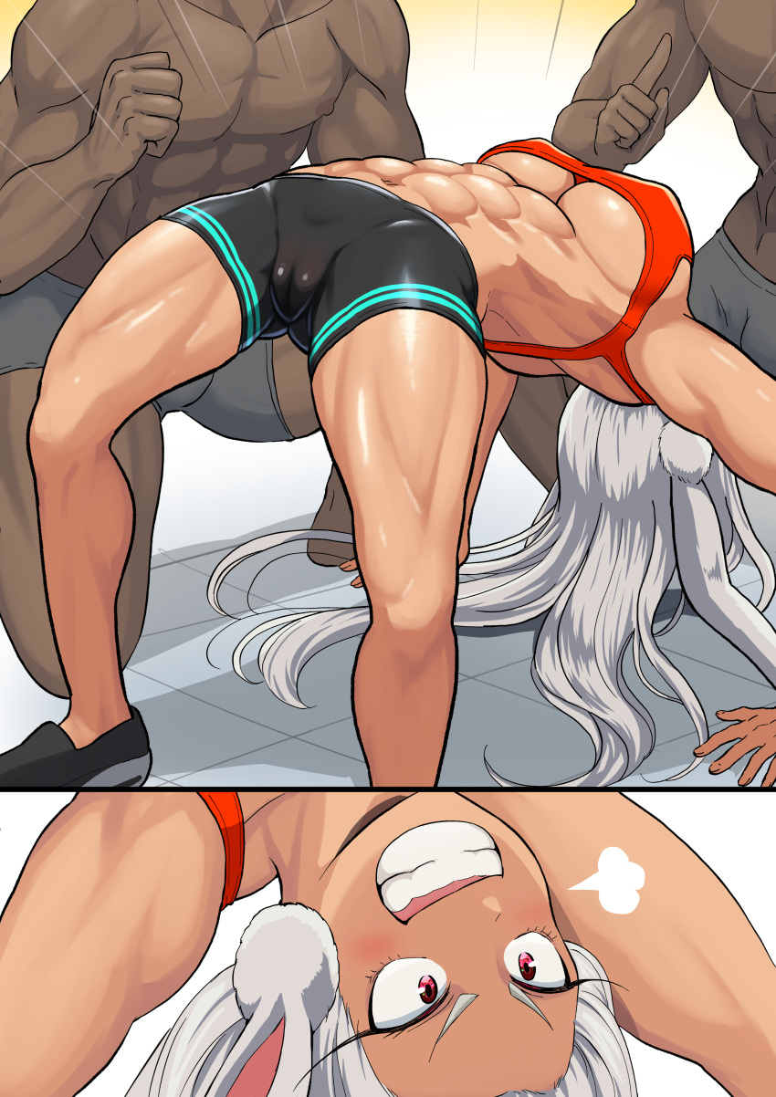 1girls 2boys abs absurdres all_fours animal_ears arched_back bike_shorts black_footwear black_shorts blush body_bridge boku_no_hero_academia breasts cameltoe cleavage cleft_of_venus dark-skinned_female dark-skinned_male dark_skin female flexible harurukan highres large_breasts legs long_eyelashes long_hair midriff miruko multiple_boys muscular muscular_female muscular_male my_hero_academia navel out_of_frame puff_of_air rabbit_ears rabbit_girl red_eyes red_sports_bra rumi_usagiyama sexually_suggestive shorts smile sports_bra stomach suggestive suggestive_pose teeth thighs tile_floor tiles underboob upside-down very_long_hair white_hair