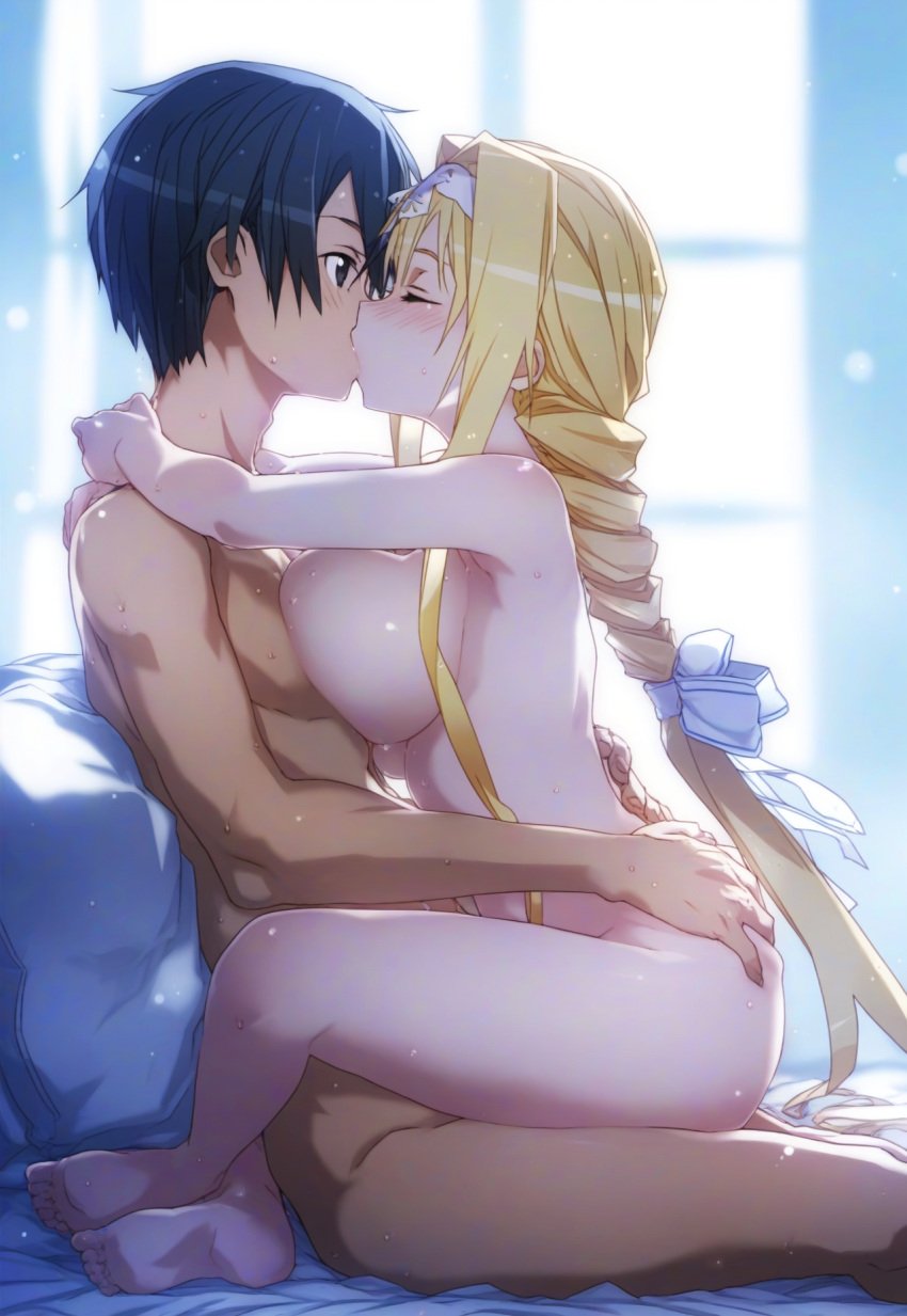 1boy 1girls ai_generated alice_schuberg alice_synthesis_thirty bed big_breasts black_eyes black_hair blonde_hair blue_eyes blush braid breasts cowgirl_position cute hairband kirigaya_kazuto kirito kissing light-skinned_female light-skinned_male light_skin love nude nude_female nude_male open_mouth sweat sword_art_online sword_art_online_alicization white_hairband wholesome wholesome_sex