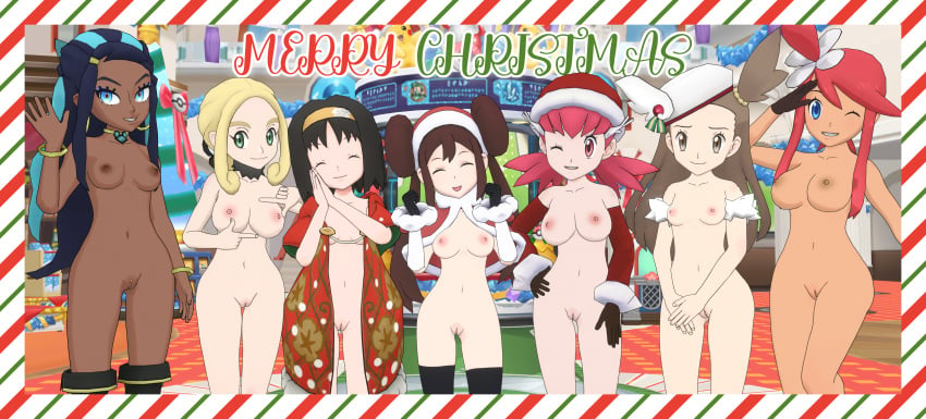 7girls alternate_costume black_hair blonde_hair blue_eyes blue_highlights bracelet bracelets brown_eyes brown_hair christmas closed_eyes dark-skinned_female dark_skin erika_(pokemon) facing_viewer female female_only fully_nude green_eyes hand_on_hip holiday_erika_(pokemon_masters) holiday_rosa holiday_rosa_(pokemon_masters) holiday_skyla_(pokemon_masters) holidays human jasmine_(holiday_2022)_(pokemon_masters) jasmine_(pokemon) leggings looking_at_viewer multiple_girls necklace nessa_(holiday_2021)_(pokemon_masters) nessa_(pokemon) partially_clothed pink_hair pokemon pokemon_bw pokemon_bw2 pokemon_gsc pokemon_hgss pokemon_masters pokemon_rgby pokemon_ss pokemon_xy red_eyes red_hair rosa_(pokemon) saucemon7 skyla_(pokemon) smiling smiling_at_viewer twintails viola_(holiday_2023)_(pokemon_masters) viola_(pokemon) waving waving_at_viewer whitney_(holiday_2022)_(pokemon_masters) whitney_(pokemon) wink winking_at_viewer