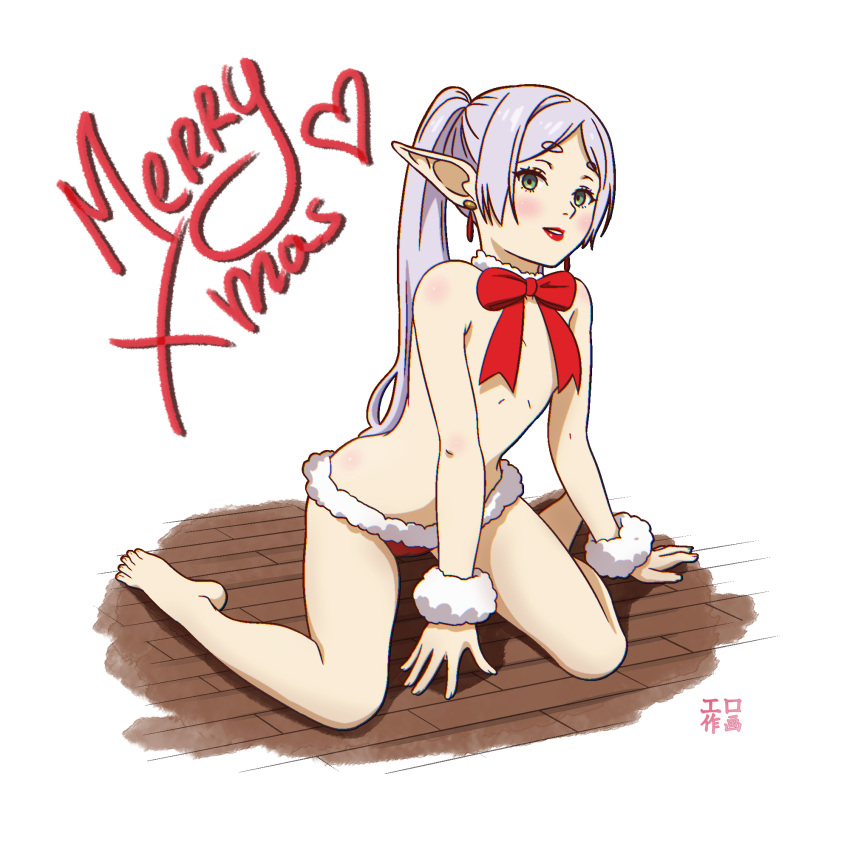 christmas covered_nipples elf elf_ears elf_female elf_girl ero_sakuga female female_only frieren green_eyes hidden_nipples lipstick on_knees pale-skinned_female pale_skin panties ribbon shadow sitting_on_ground sitting_on_knees sousou_no_frieren xmas