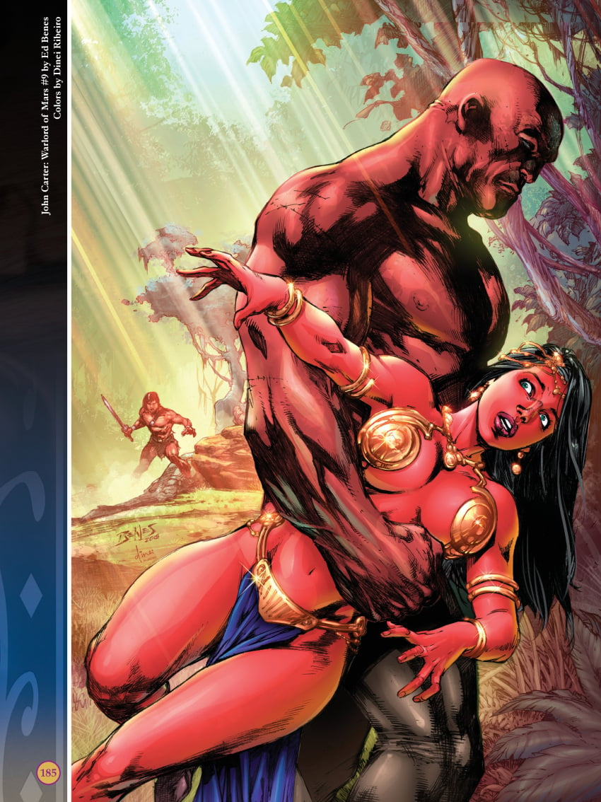 1girls 2boys a_princess_of_mars bald barsoom black_hair blue_eyes captured circlet damsel_in_distress dejah_thoris dinei_ribeiro ed_benes ed_benes_studio gold_pasties john_carter john_carter_of_mars large_breasts larger_male loincloth long_hair martian official_art pasties pink_skin royalty scar size_difference smaller_female