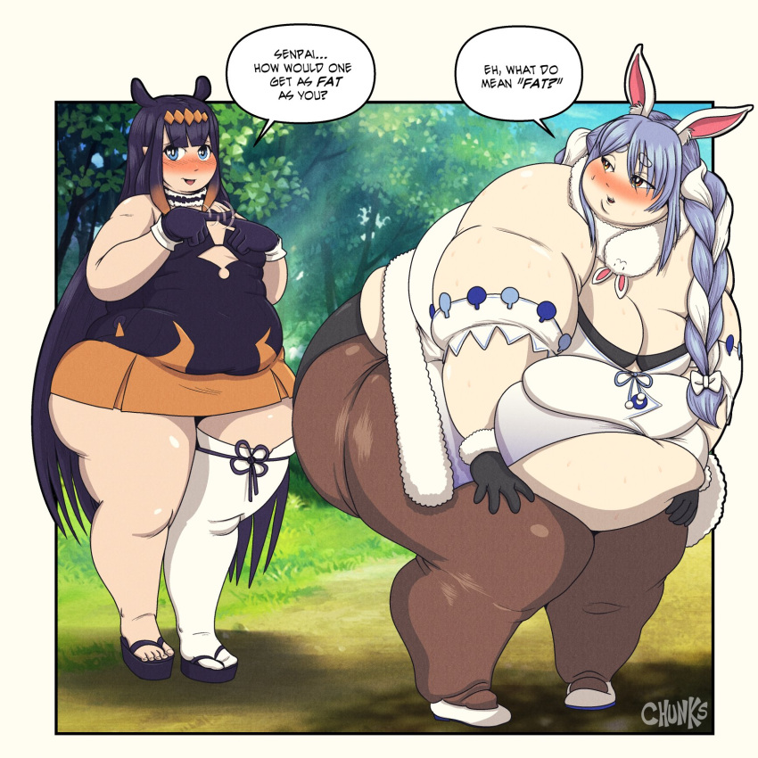 2girls bbw big_belly blue_hair chubby chunkerchunks fully_clothed hololive hololive_english hololive_japan hololive_myth large_breasts ninomae_ina'nis obese overweight purple_hair rabbit_ears ssbbw usada_pekora virtual_youtuber