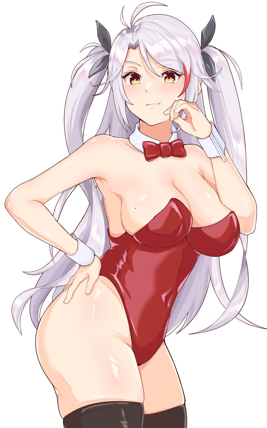 alternate_costume antenna_hair aqua_hair azur_lane bow bowtie breasts chopin_oekaki covered_navel cowboy_shot detached_collar female grey_hair highleg highleg_leotard highres leotard long_hair mole mole_on_breast multicolored_hair orange_eyes playboy_bunny prinz_eugen_(azur_lane) red_hair red_leotard sideboob solo strapless strapless_leotard streaked_hair thighhighs traditional_bowtie two_side_up white_hair wrist_cuffs