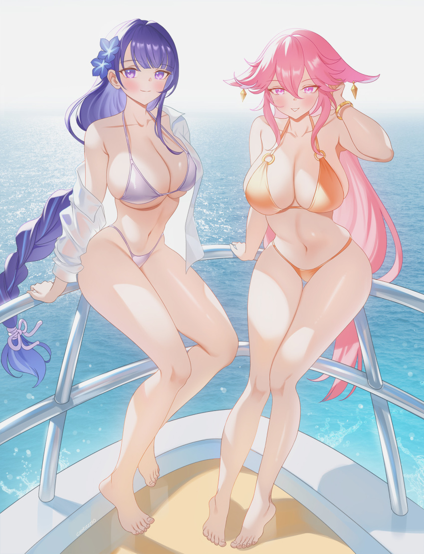 2girls bikini blush blush female female_focus female_only fox_ears fox_girl genshin_impact huge_breasts kitsune long_hair looking_at_viewer pink_hair purple_eyes purple_hair raiden_shogun sea smile smiling smiling_at_viewer tagme thick_thighs yacht yae_miko zzo_(chorizzzzo)